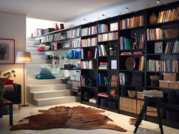 ideas design black wall bookshelves basement 