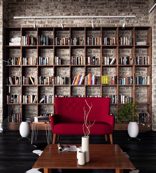 Home library furniture ideas home library design wall bookshelves red sofa