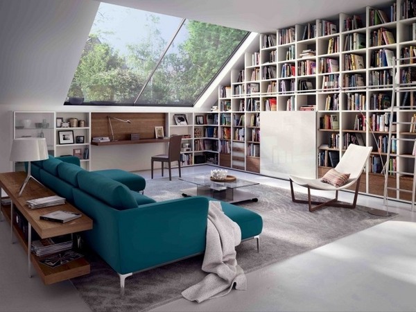Home library furniture wall bookshelves modern sofa skylight attic remodel