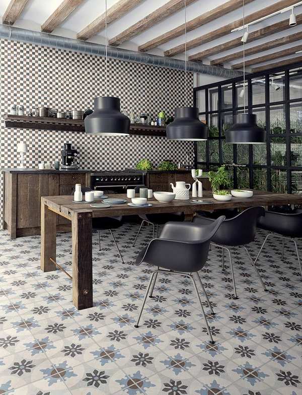 cement tile flooring industrial kitchen design wood table 
