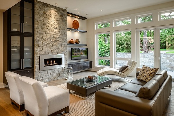 contemporary living room stone tile fireplace surround