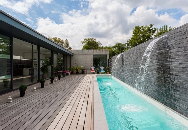 contemporary patio rectangular pool waterfall deck 