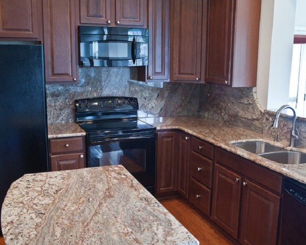 kitchen remodel dark wood cabinets typhoon bordeaux countertops