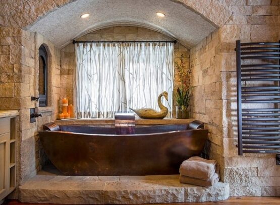 rustic-bathroom-ideas-copper-bathtub-stone-walls-rustic-bathroom-decor-ideas