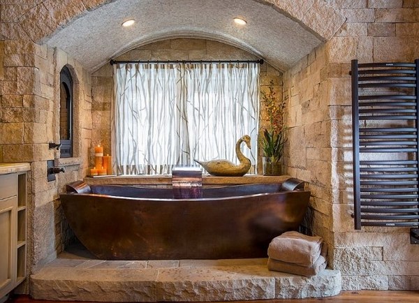 rustic bathroom ideas copper bathtub stone walls rustic decor ideas