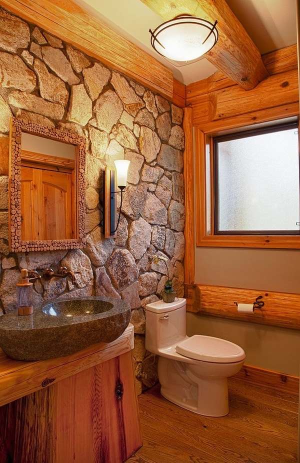 natural stone wall exposed ceiling beams
