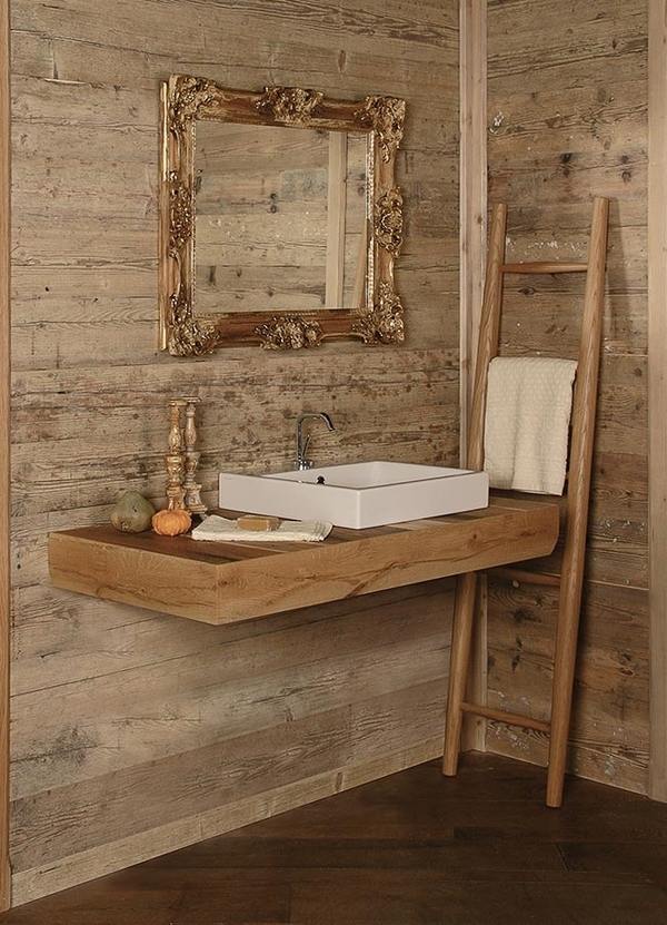 rustic bathroom ideas wooden sink counter shiplap framed wall mirror