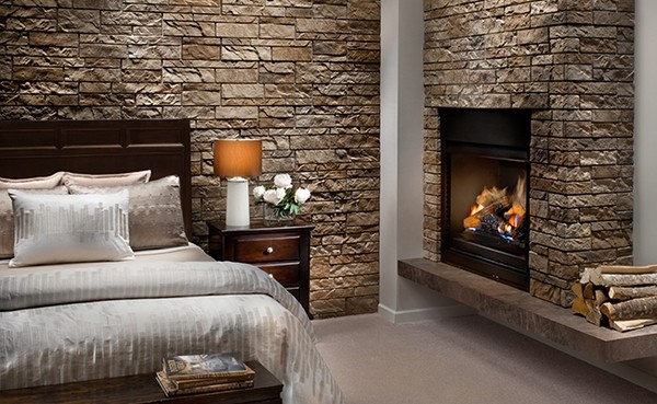 rustic bedroom decor ideas tile wall ledgestone fireplace