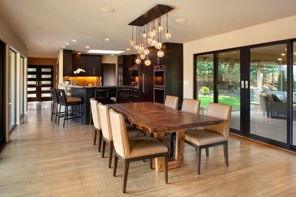 Kitchen-dining-room-modern-furniture-leather-upholstery-pendant-light-wood-slab-table