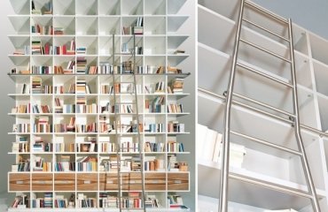 home-library-ideas-white-bookshelves-stainless-steel-rolling-library-ladder