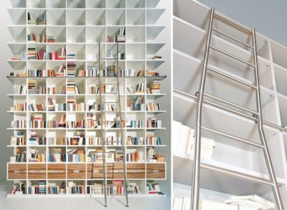 home-library-ideas-white-bookshelves-stainless-steel-rolling-library-ladder
