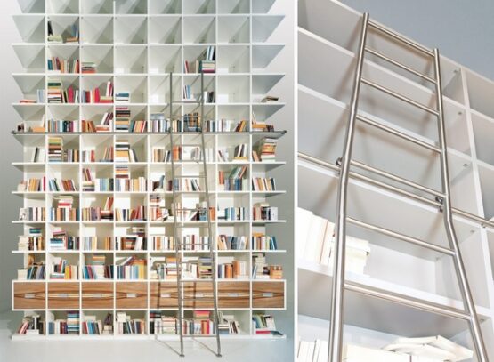 home-library-ideas-white-bookshelves-stainless-steel-rolling-library-ladder