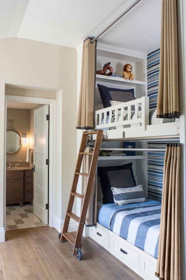 kids bedroom bunk beds design shelves curtains sliding ladder