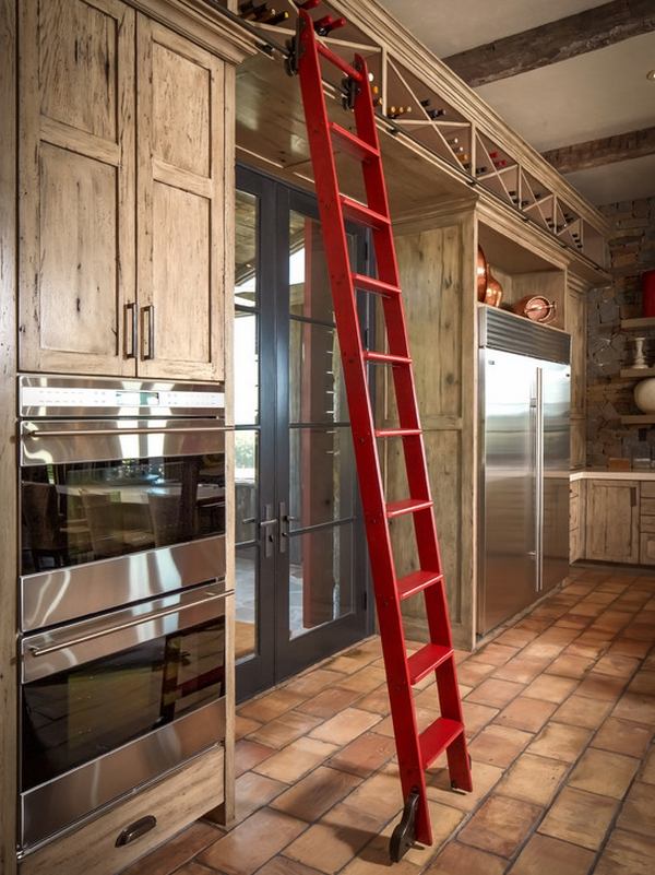 kitchen design ideas wooden flooring red rolling ladder