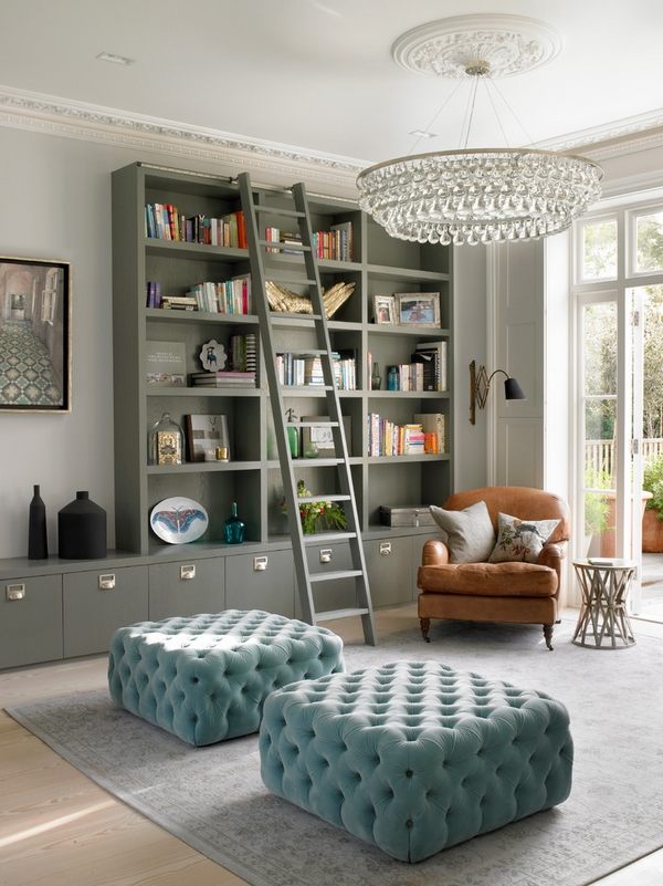 living room furniture ideas gray bookshelves slidingladder 