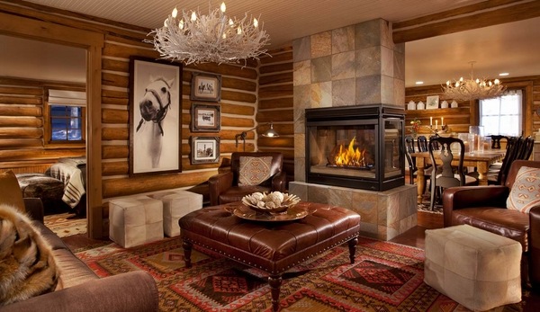 rustic cabin furniture ideas living room design fireplace leather ottoman