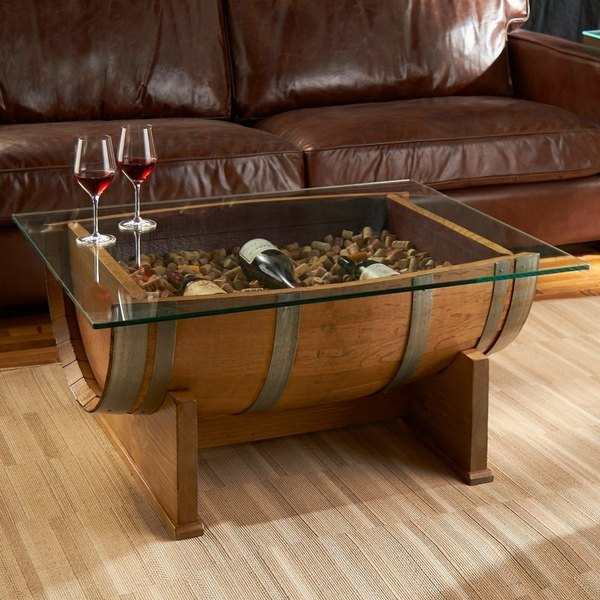 wine barrel furniture ideas living room furniture coffee table glass top 