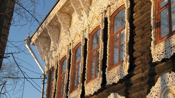 carved window trim russian house 