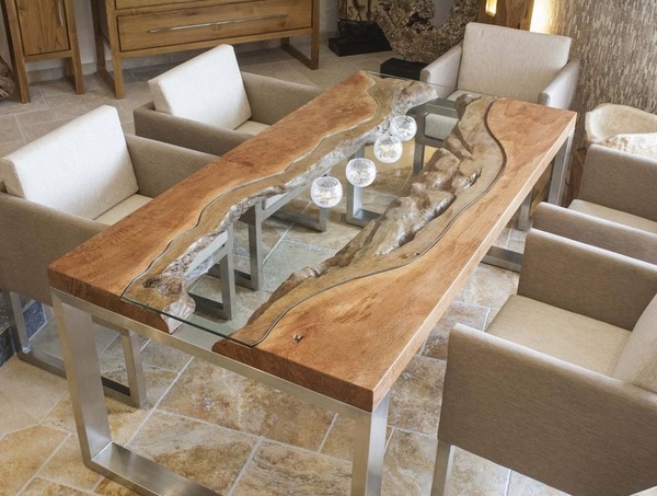 wood-slab-dining-table-designs-glass wood metal modern dining room 