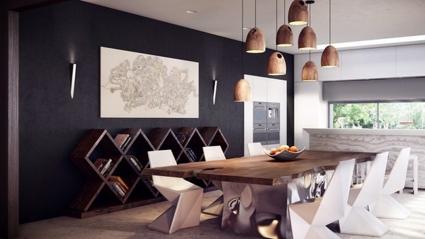 wood-slab-dining-table-designs-white chairs black accent wall modern-dining-room 