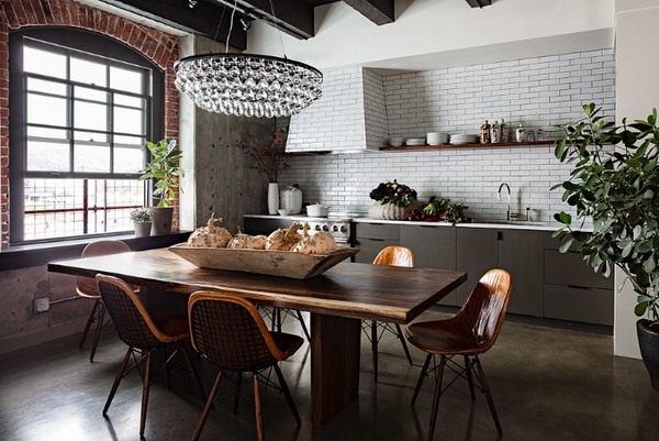 wood-slab-dining-table-designs-industrial decor ideas brick walls 