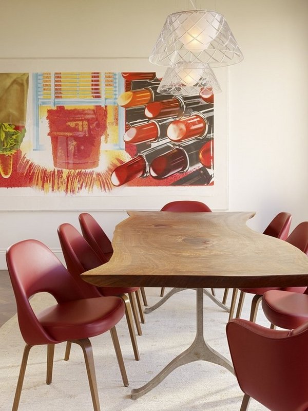 wood-slab-dining-table-designs-red leather chairs modern-dining-room