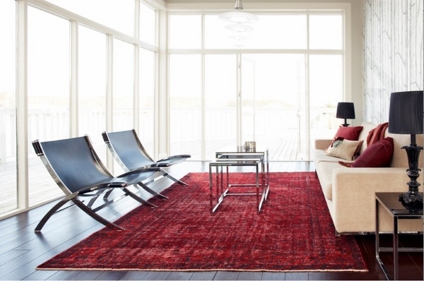 Red-overdyed rug modern living room design ideas sofa coffee table