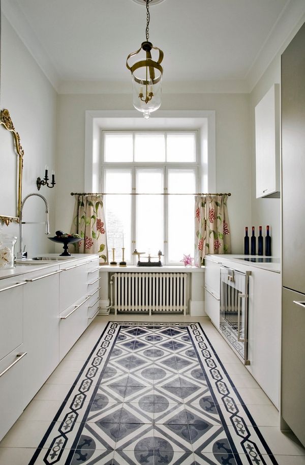 galley kitchen white cabinets encaustic floor tile ideas kitchen decor