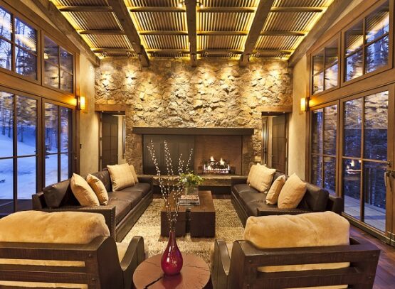 metal-ceiling-tiles-living-room-decorating-ideas-stone-wall-fireplace