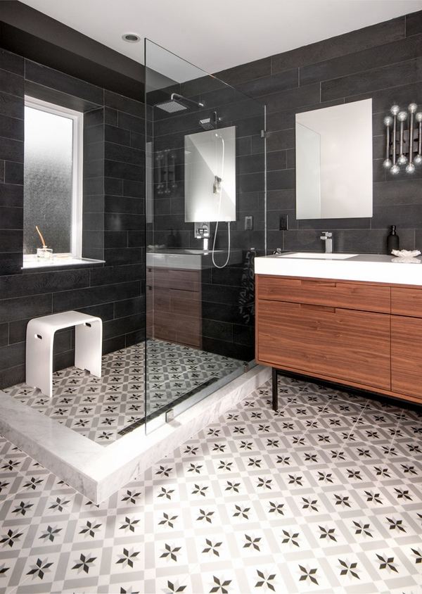 modern bathroom design walk in shower encaustic floor tile
