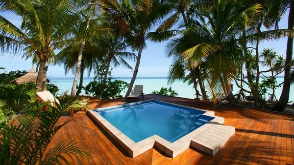 small plunge pool design ideas tropical backyard wooden pool deck