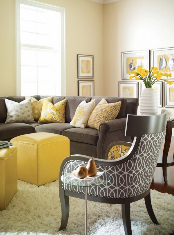 white grey sofa yellow stools living room decor