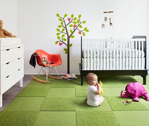 Affordable flooring ideas nursery room green carpet tile kids room 