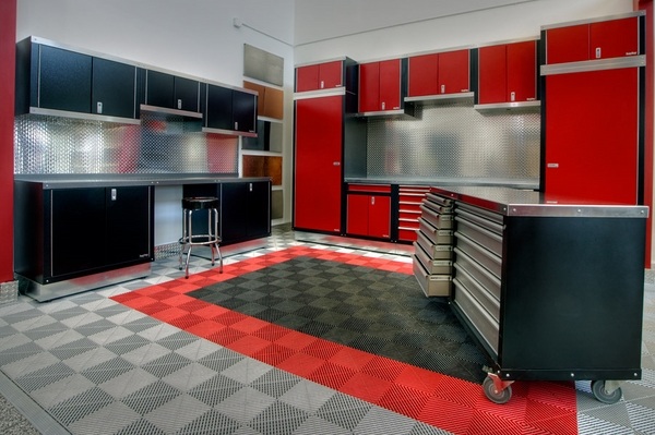 modern garage organization black red cabinets