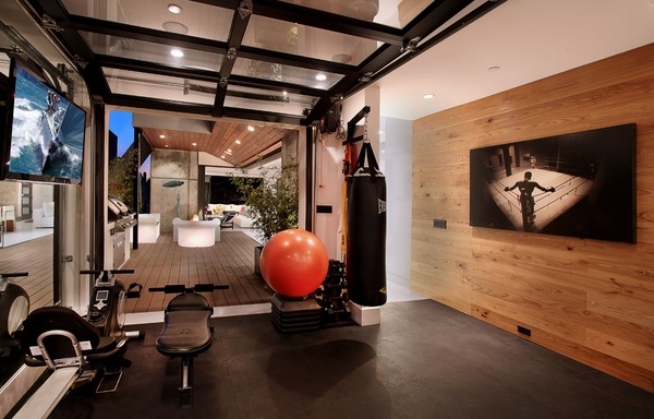 garage gym design ideas home gym wood floor wall mounted tv