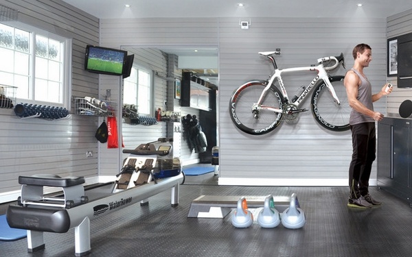 modern home gym garage gym ideas garage gym equipment ideas gray walls 