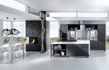 Grey-and-white-kitchen-design-ideas-contemporary-kitchen-open-plan-stone-fireplace
