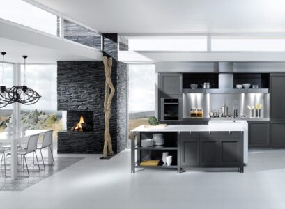 Grey-and-white-kitchen-design-ideas-contemporary-kitchen-open-plan-stone-fireplace
