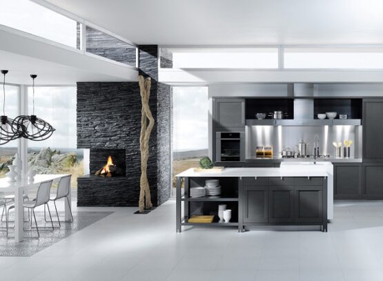 Grey-and-white-kitchen-design-ideas-contemporary-kitchen-open-plan-stone-fireplace