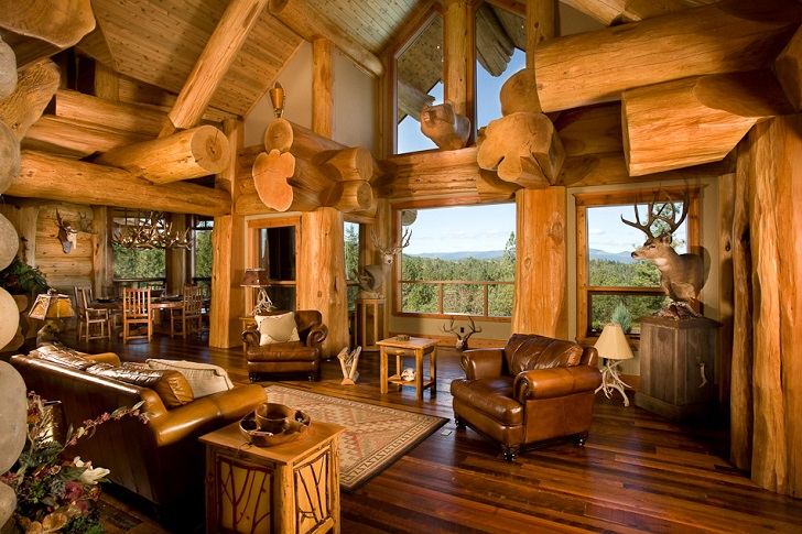 Log Cabin Interiors Beautiful Rustic Design And Decoration Ideas   Log Cabin Interiors Living Room Decorating Ideas Leather Armchairs Side Tables 