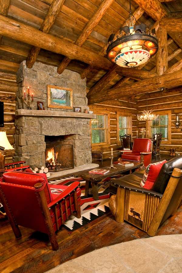 log cabin interior fireplace