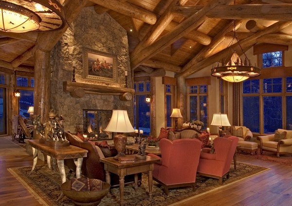 log home living room design ideas chandeliers fireplace