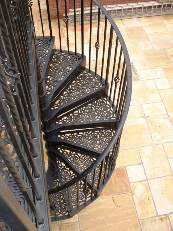 Outdoor wrought iron spiral stairs ornate treads