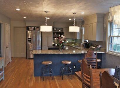 Styrofoam-ceiling-tiles-kitchen-remodel-ideas-wood-flooring-breakfast-bar