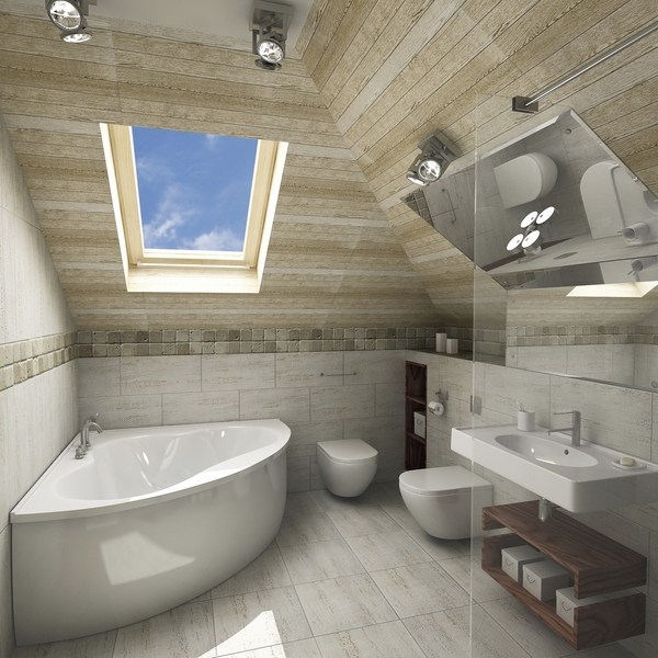 skylight corner bathtub small bathroom design