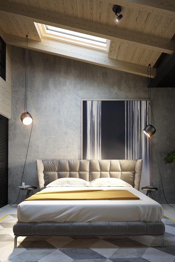 concrete-bedroom-wall-accent-wall-ideas-skylight-modern-bedroom-furniture