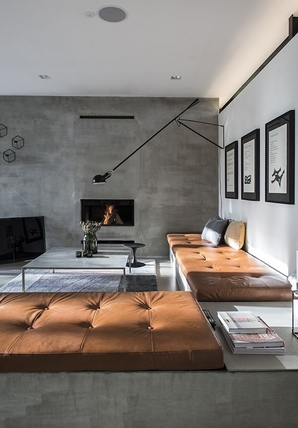 concrete-walls-ideas-contemporary-living-room-design-leather-couch-fireplace