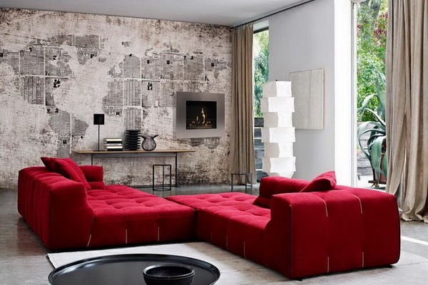 contemprary living room red tufted sofa 
