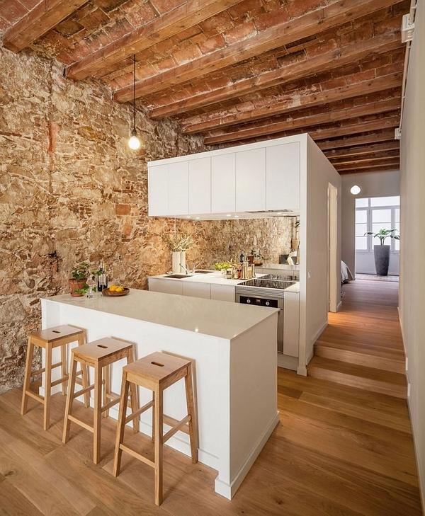 wooden ceiling beams minimalist kitchen