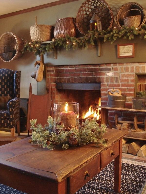 log-cabin-decor-ideas-fireplace brick surround baskets